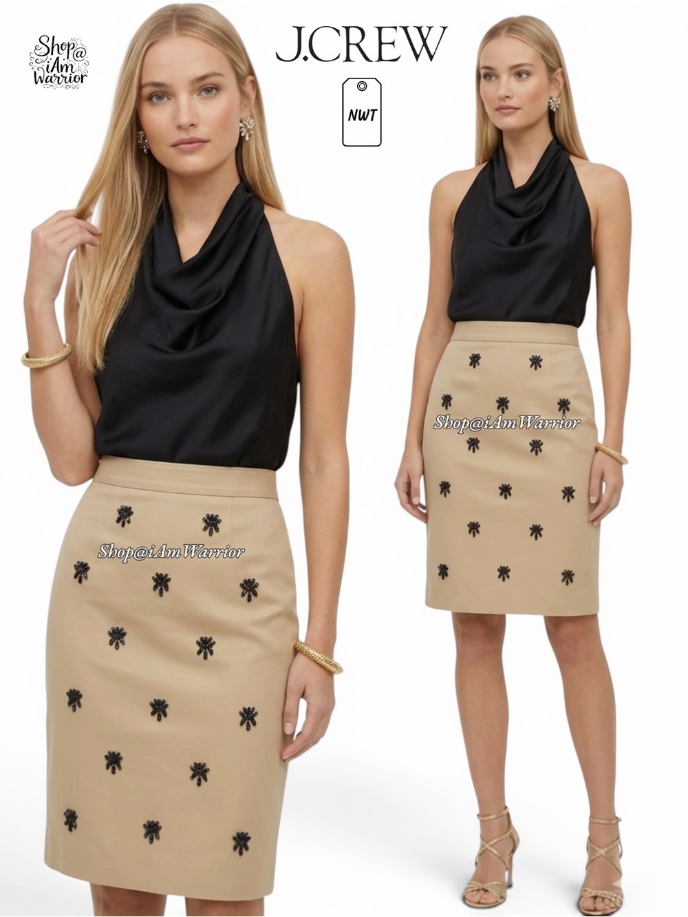 J.Crew NWT tan pencil skirt w/ black beaded jewel embellishments shop@iamwarrior